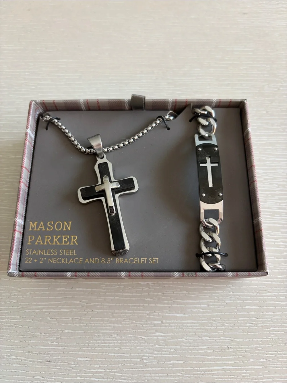 Stainless Steel Cross Necklace & Bracelet Set - Black and Silver